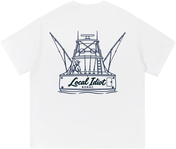 Back: navy line drawing of a sportfishing boat from the stern, the transom reading Local Idiot, BONAC