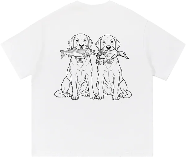 Back: two Labs in black line art, one holding a striped bass with a LOCAL tag, one a duck with an IDIOT tag