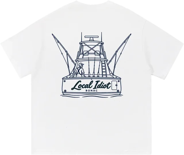 Offshore Tee, Bonac Boat: the Bonac boat drawing printed big on the back of a white tee
