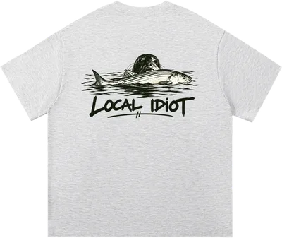 Offshore Tee, Striped Bass: a striped bass and a seal printed on the back of a gray tee